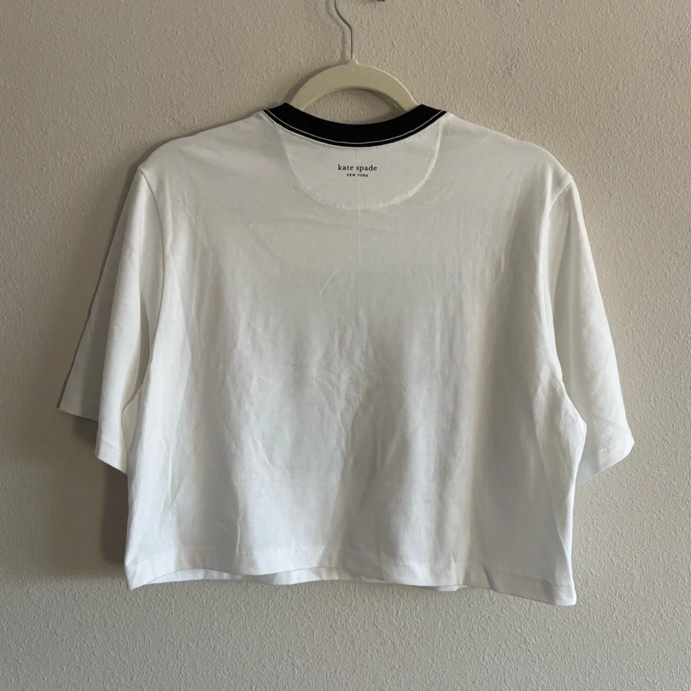 Kate Spade Noel Logo T-Shirt Cropped Ringer Tee Women’s XXL White Velvet Green